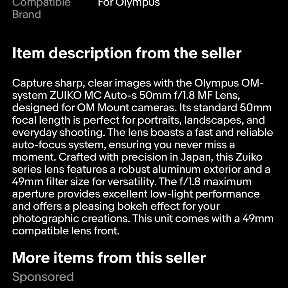 Olympus Zuiko 50mm f/1.8 Prime Lens — Black with Green Marking